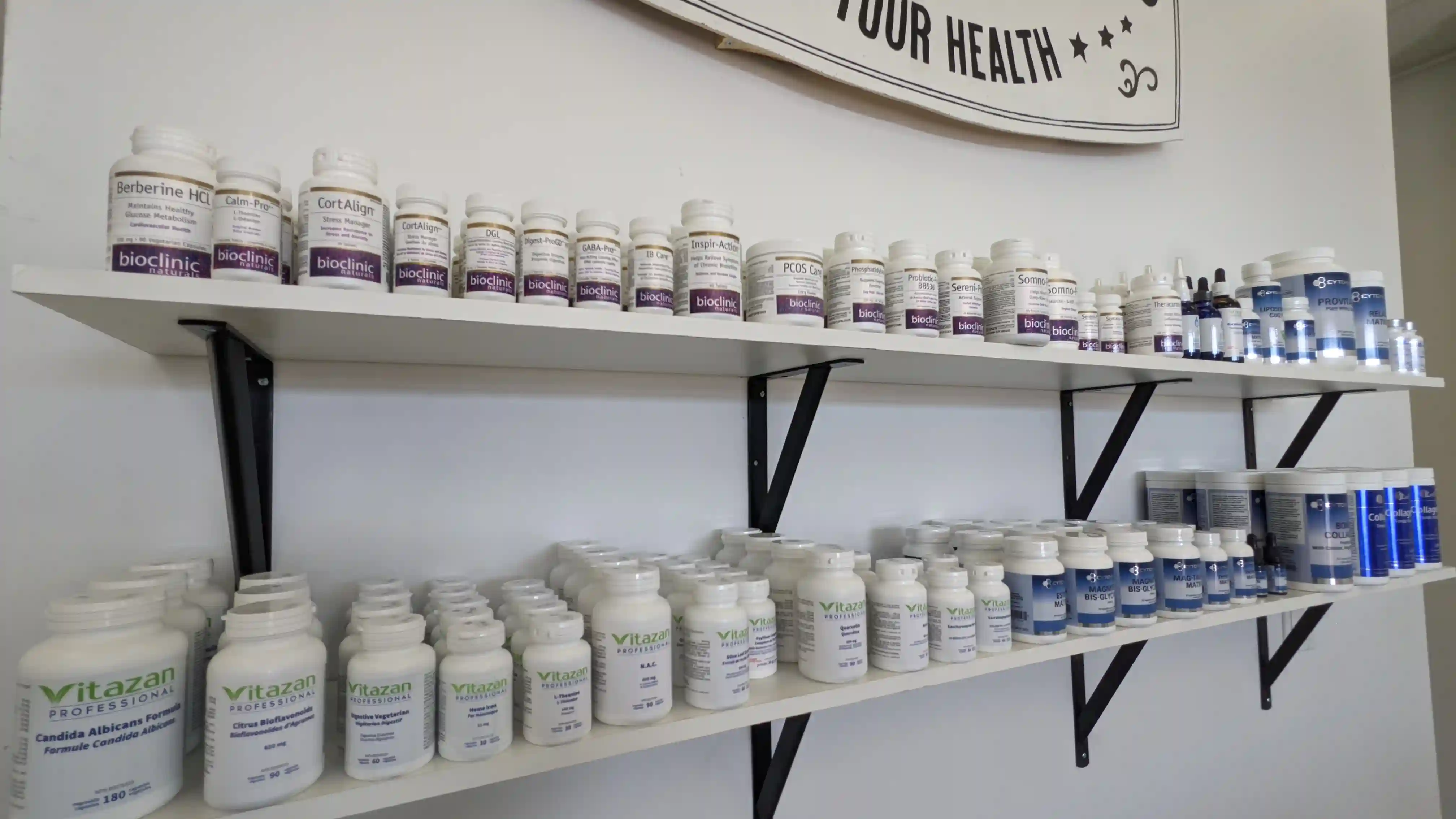 shot of supplements on the wall